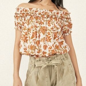 Free People Suki  Blouse Ivory Floral Size Small Billowy Boho Cream Terracotta